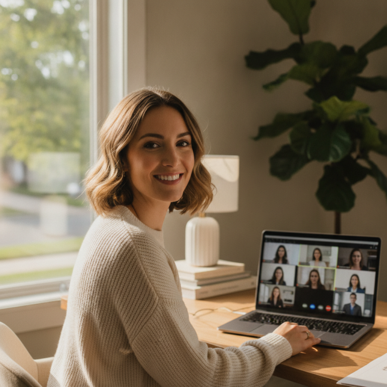 Smiling professional on a — social anxiety remote work